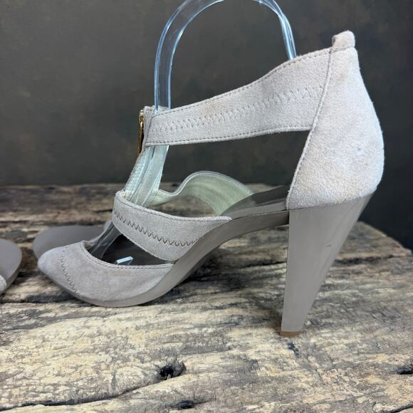 Michael Kors Taupe Suede Strappy Heels Women’s 9.5M Gold Zip Front Peep Toe Pump - Picture 7 of 12